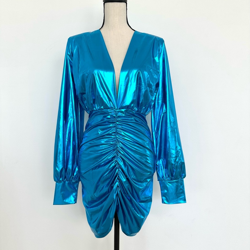 BuddyLove Cyrus Metallic V Neck Long Sleeve Mini Dress in Cyan - Picture 6 of 10